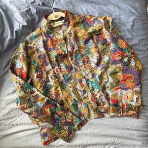 Chico's 100% silk Multicolor Floral Patchwork Lightweight Layer Jacket size 3